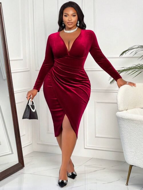 Sexy Wine Red V-Neck Midi Dress for Autumn Winter  Short Description