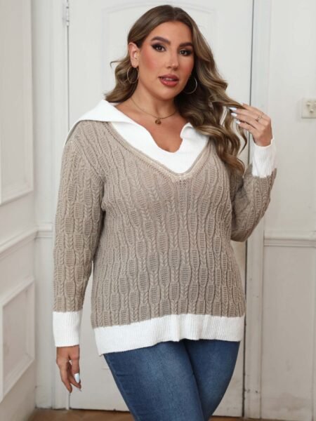 Sailor Collar Contrast Stitch Plus Size Pullover Sweater