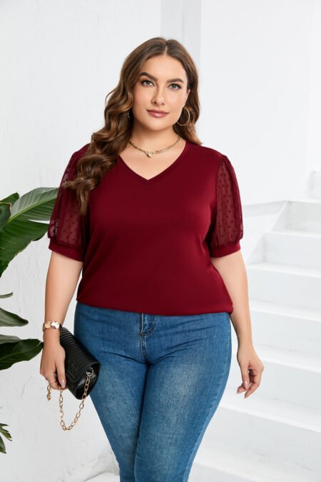 Mesh Puff Sleeve V-Neck T-Shirt