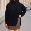 Plus Size Turtleneck Split Mid-Length Pullover Top
