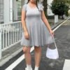 Plus Size Solid Color Round Neck Short Sleeve Mini Dress for Women