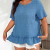 Plus Size Jacquard Round Neck Short Sleeve Elegant Shirt