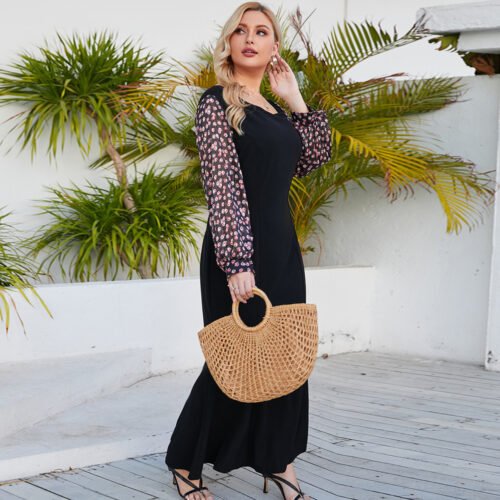 Plus Size Square Collar Printed Long Sleeve Elegant Dress