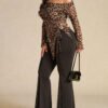 Leopard Print Asymmetric Hem Drawstring Top