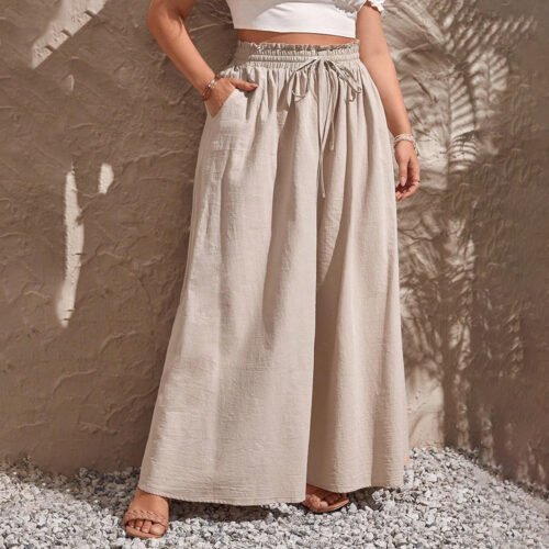 Plus Size High Waist Wide Leg Summer Trousers with Pockets