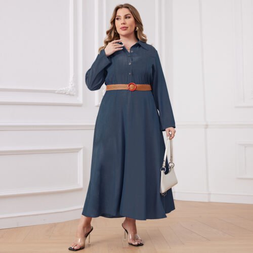 Plus Size Winter Denim Open-Collar Maxi Dress