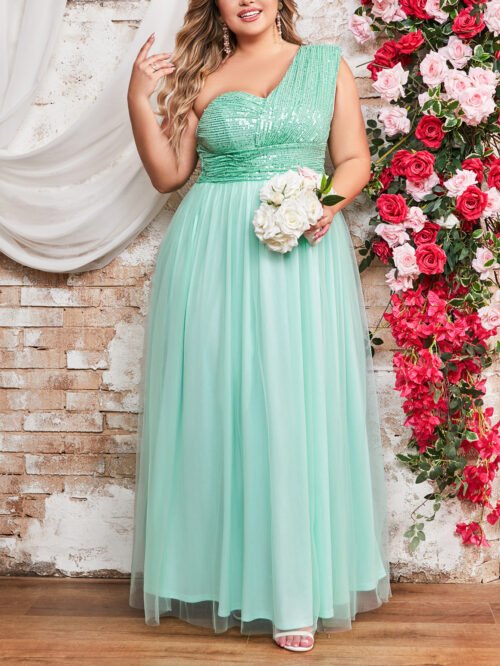 Plus Size Elegant Sequin Mesh One-Shoulder Evening Dress