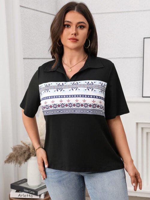 Casual Printed Polo Collar T-Shirt for Women