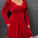 Plus Size Sexy Velvet Long Sleeve Party Dress with Flared Hem