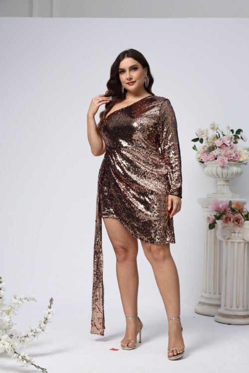 Plus Size Elegant One-Shoulder Sequin Slim Waist Dress
