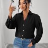 Elegant Black Lace Button Shirt for Women’s Office Wear