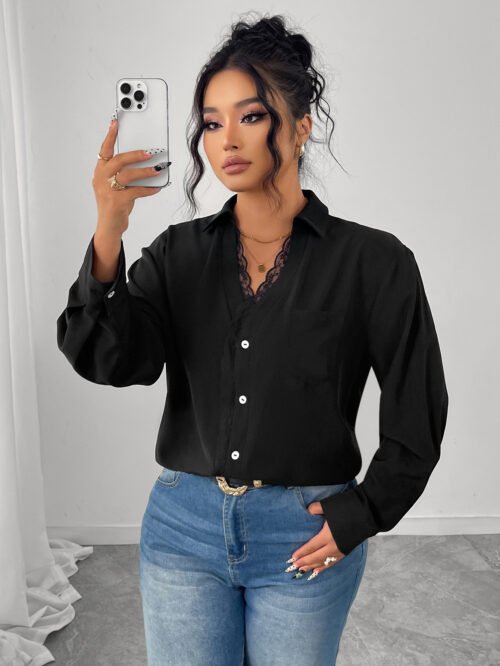 Elegant Black Lace Button Shirt for Women’s Office Wear