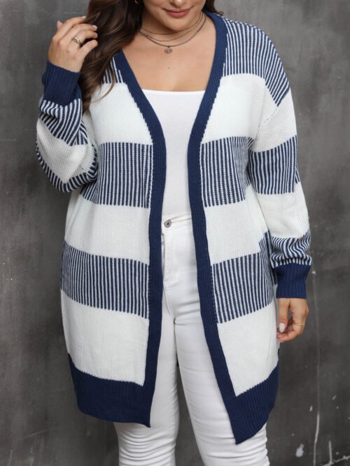 Plus Size Colorblock Striped Knit Cardigan for Fall & Winter
