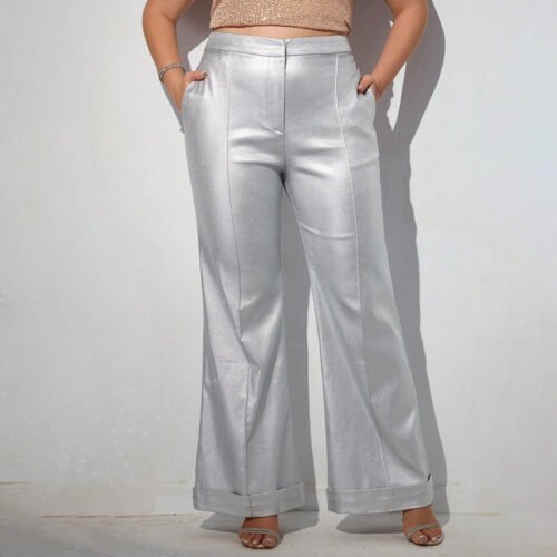 Plus Size Draped Slim Trousers with Metal Detail – Spring Autumn