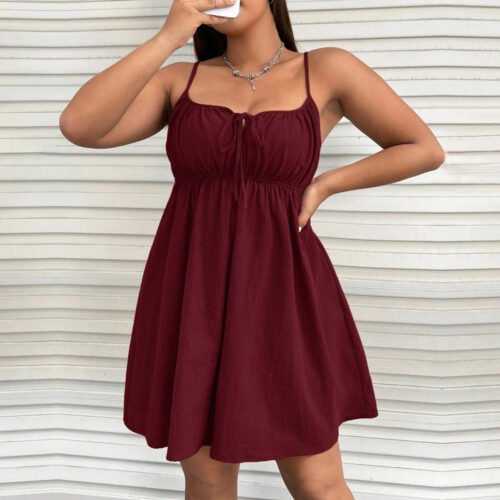 Plus Size Cinched Sleeveless Strap Mini Casual Dress for Spring Summer