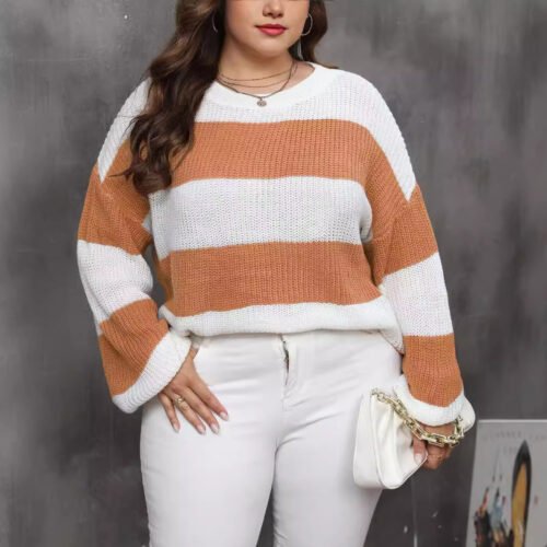 Plus Size Women Clothes Contrast Color Striped Pullover