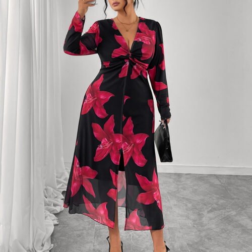 Plus Size Floral French V-Neck Waist-Slimming Summer Dress