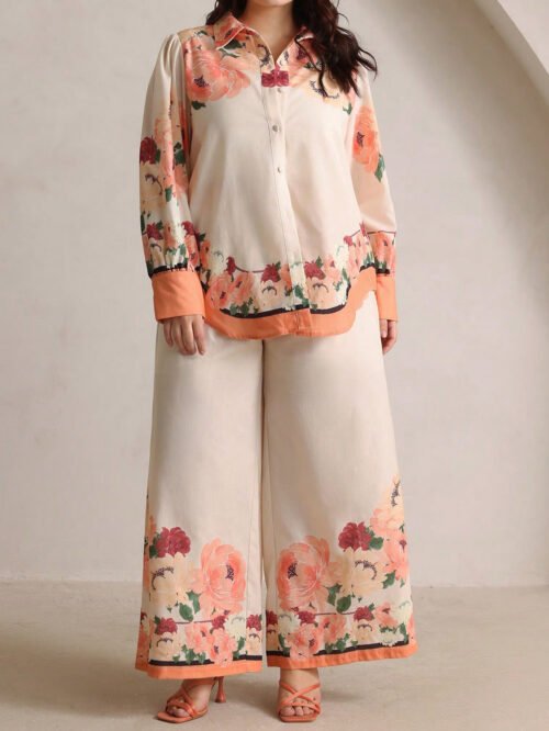 Plus Size Autumn Elegant Digital Print Two-Piece Set