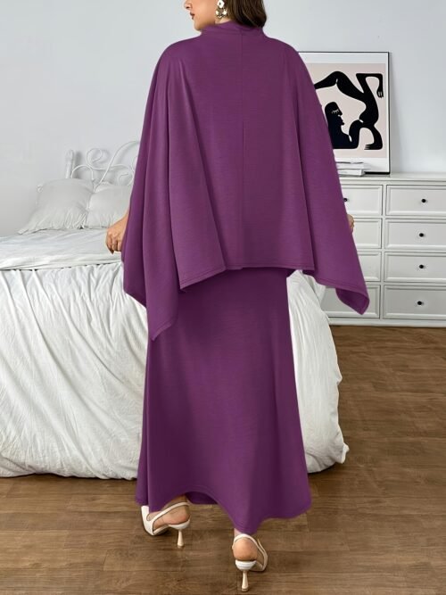 Plus Size Batwing Sleeve Half-Zip Elegant Dress Set