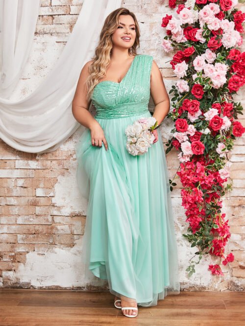 Plus Size Elegant Sequin Mesh One-Shoulder Evening Dress