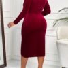 Sexy Wine Red V-Neck Midi Dress for Autumn Winter  Short Description