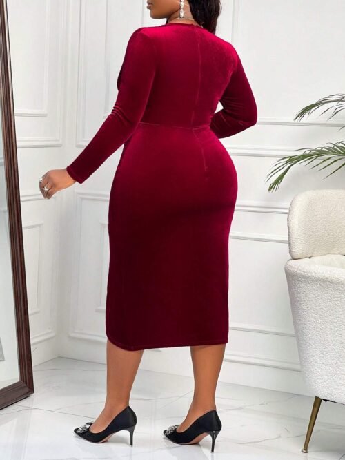 Sexy Wine Red V-Neck Midi Dress for Autumn Winter  Short Description