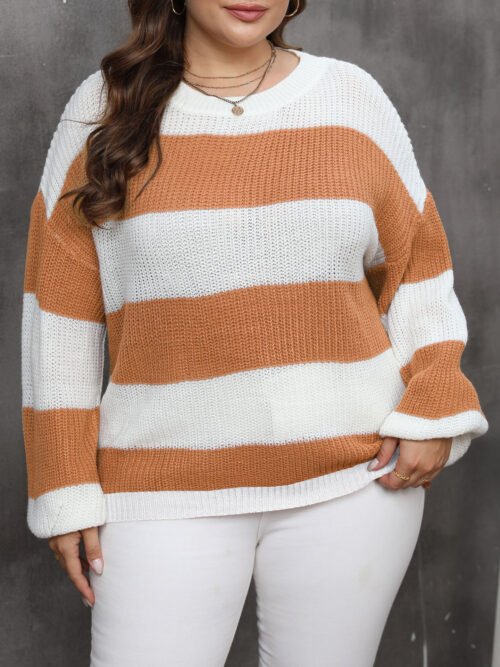 Plus Size Women Clothes Contrast Color Striped Pullover