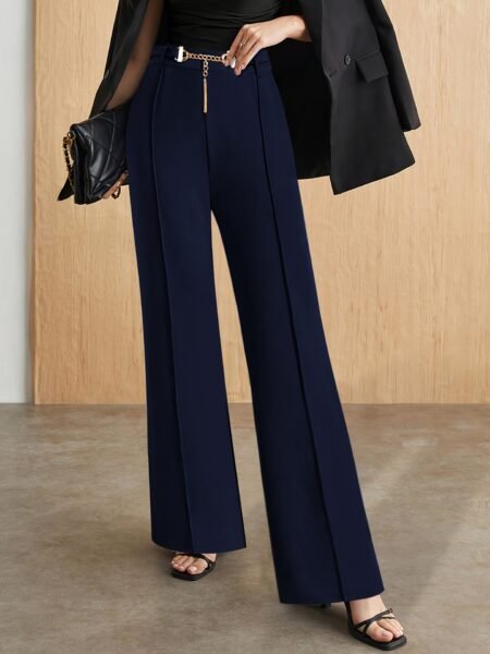 High Waist Straight Pants with Metallic Belt – Premium Draped Workwear