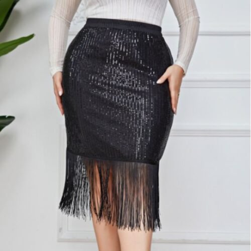 Retro Plus Size High Waist Sequined Tassel Office Skirt