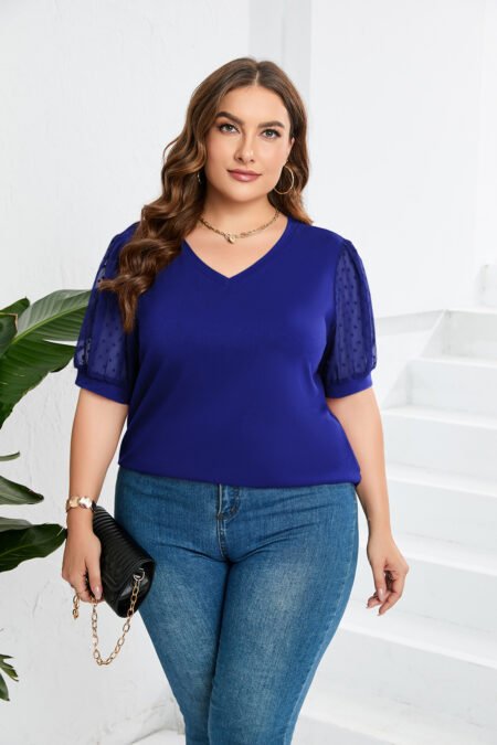 Mesh Puff Sleeve V-Neck T-Shirt