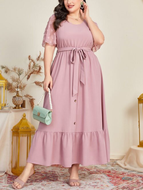 Plus Size Printed Lace-Up Office Maxi Dress