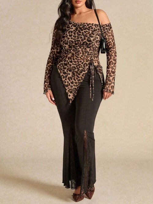 Leopard Print Asymmetric Hem Drawstring Top