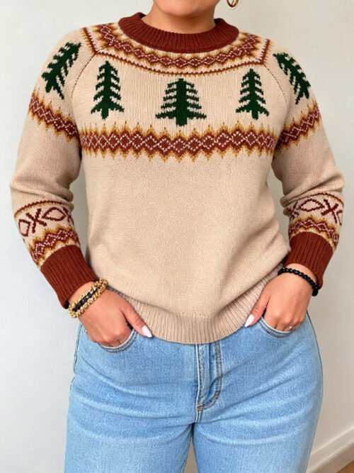 Holiday Plus Size Christmas Tree Brocade Hoodie Sweater