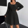 Plus Size Square Collar Long Sleeve Fleece Mini Dress for Autumn Winter