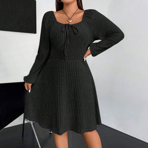 Plus Size Square Collar Long Sleeve Fleece Mini Dress for Autumn Winter
