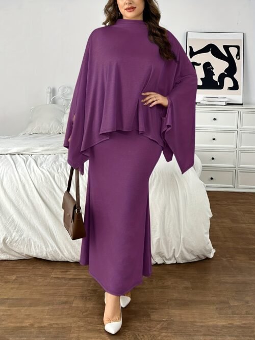 Plus Size Batwing Sleeve Half-Zip Elegant Dress Set