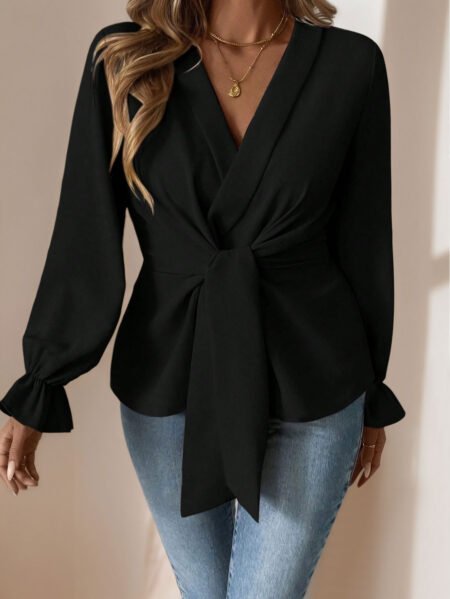 Black Knit Lantern Sleeve Slim Fit Retro Top