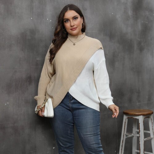 Plus Size Color‑Block Woven Half‑Turtleneck Sweater