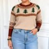 Holiday Plus Size Christmas Tree Brocade Hoodie Sweater