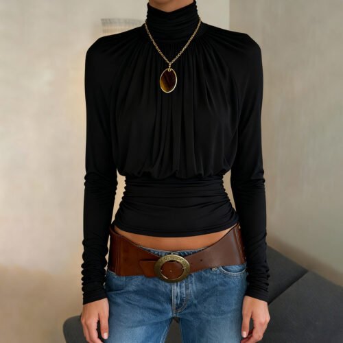 Black High‑Collar Slim Fit Crop Top – Sexy Autumn Long Sleeve