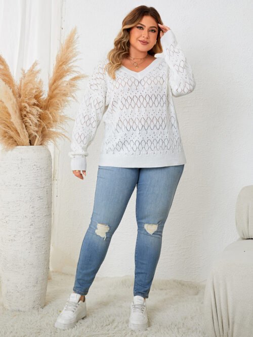 Chic Hollow-Out V-Neck Pullover Sweater – Plus Size Edition