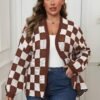 Turn heads with bold patterns! This patchwork chessboard plaid cardigan offers cozy comfort with a playful, fashion-forward twist.