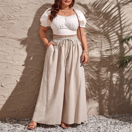 Plus Size High Waist Wide Leg Summer Trousers with Pockets