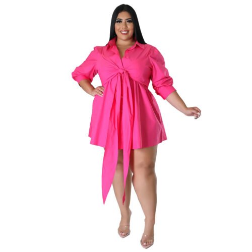 Plus Size Sexy Solid Color Tied Shirt Mini Dress for Women