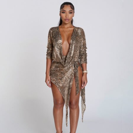 Python Print V‑Neck Mini Dress – Winter Ribbon Waist Style