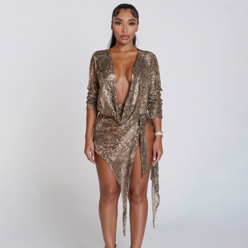 Python Print V‑Neck Mini Dress – Winter Ribbon Waist Style