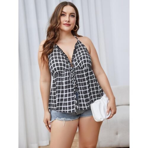 Stay effortlessly stylish in this plaid V-neck sling top. With a loose, oversized cut, it’s your go-to for breezy summer days and casual chic looks.