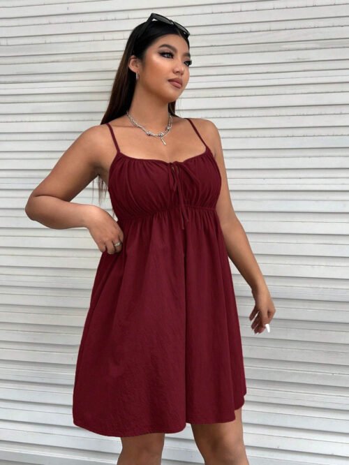 Plus Size Cinched Sleeveless Strap Mini Casual Dress for Spring Summer