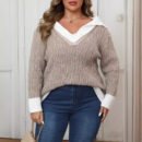 Sailor Collar Contrast Stitch Plus Size Pullover Sweater