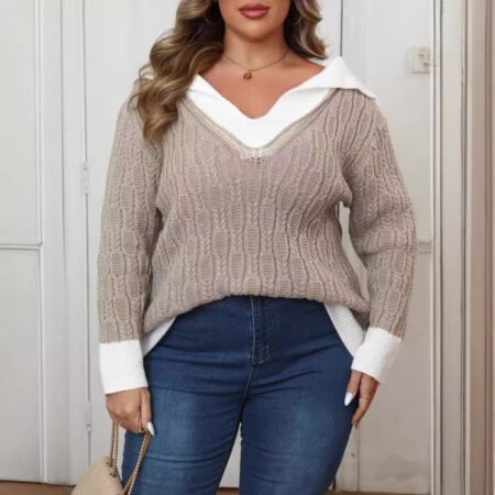 Sailor Collar Contrast Stitch Plus Size Pullover Sweater